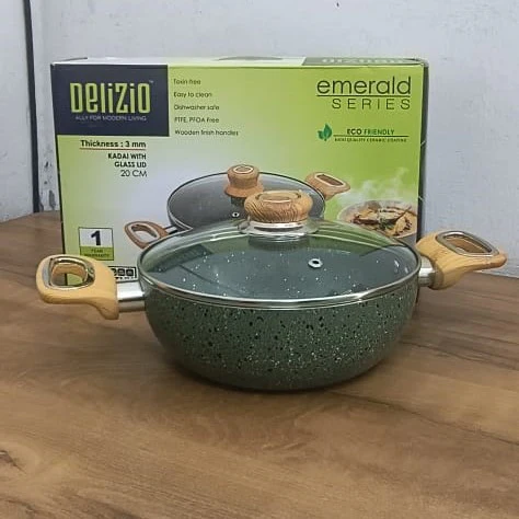 AM3929 Delizio Green Granite Coating Kadai with Glass Lid 20Cm - Image 3