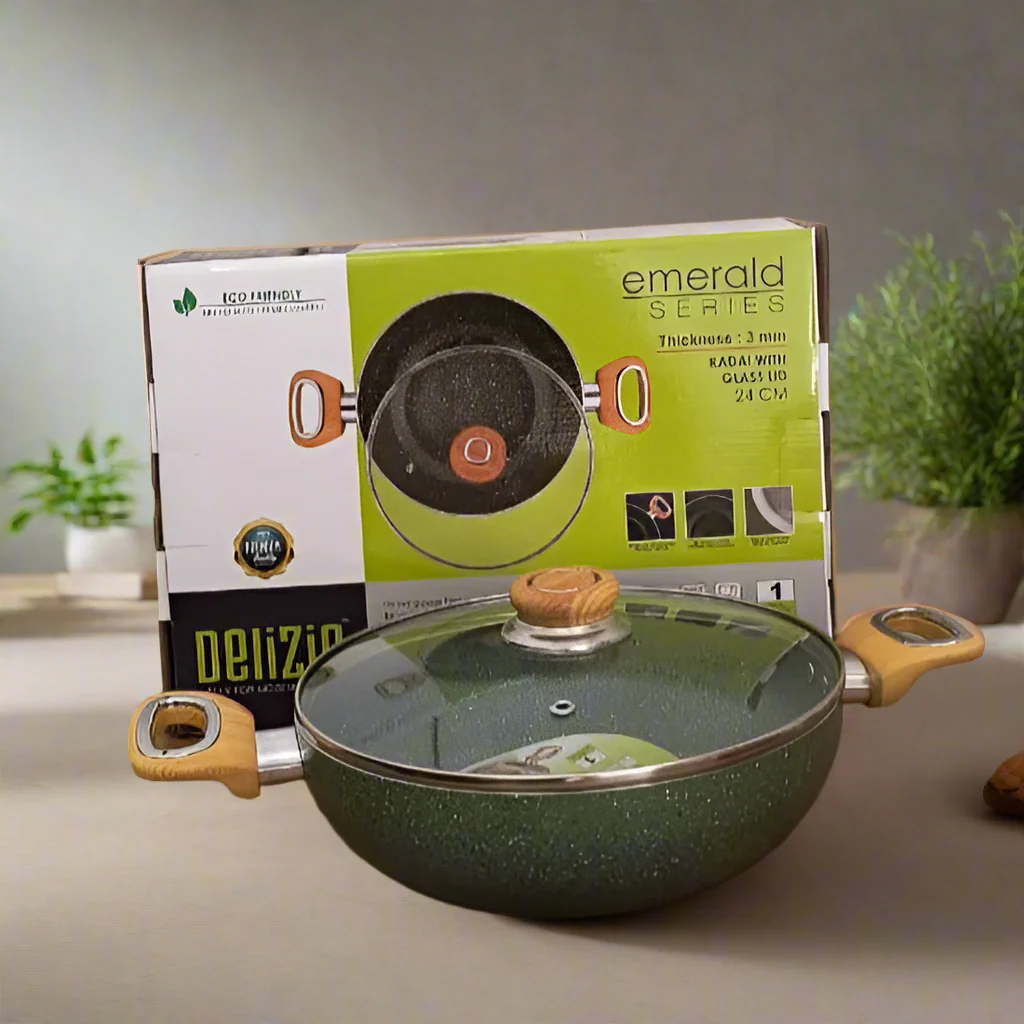 AM3930 Delizio Green Granite Coating Kadai with Glass Lid 24Cm