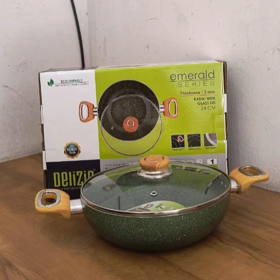 AM3930 Delizio Green Granite Coating Kadai with Glass Lid 24Cm - Image 3