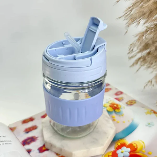 AM5066 Travel Glass Sipper with Lid and Straw 350 ml, Reusable Glass Tumbler with Lid and Straw - Image 2