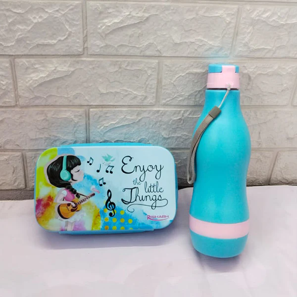 AM5165 Rishabh Plastic Insulated Water Bottle 1 And Plastic Lunch Box Combo Leak Proof Tiffin Bottle For Kids School Office Colour Assorted Pack Of 2 - Image 3
