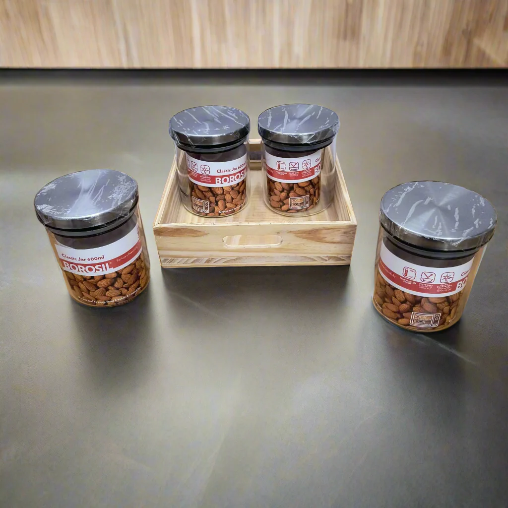 AM5171 Borosil Classic Jars With Wooden Tray - 4Pcs (600 ml Each) - Image 2