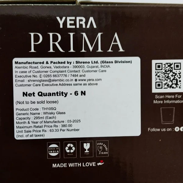AM5209 YERA Prima OAK Whisky Square Glass Set Of  6 Pcs - Each 295ml - Image 4