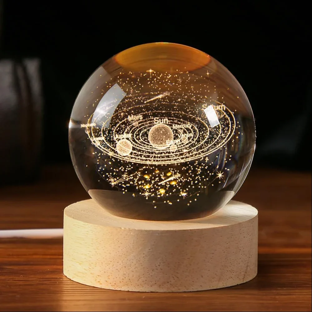 AM5356 3D Saturn Crystal Ball Night Light for Kids With Wooden Base - Fantasy Decoration LED Galaxy Planet Nightlight for Bedroom Decor