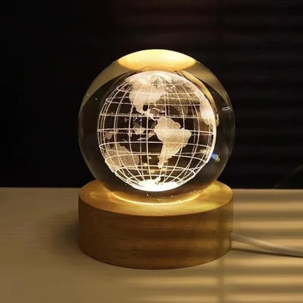 AM5357 3D Crystal Ball Night Lamp,Creative Engraved Crystal Ball Night Light, USB Table LED Wooden Crystal Ball for Home Decoration , Boys, Girls (Earth) - Image 2