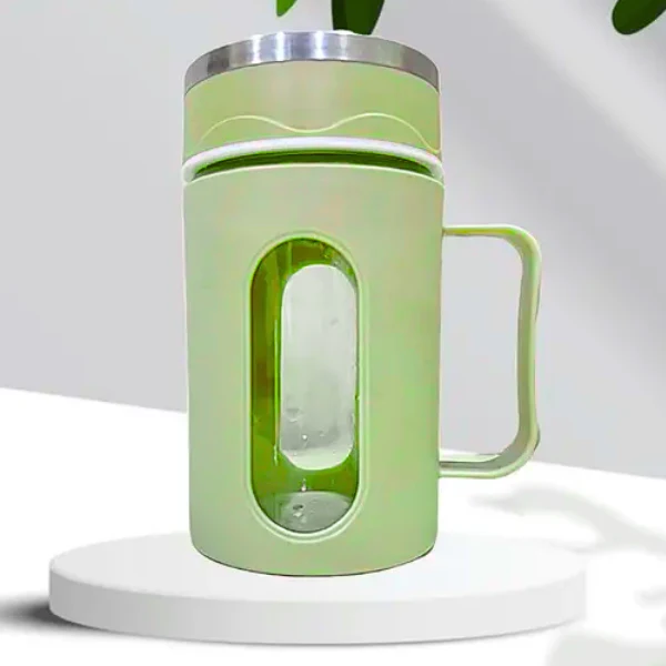 AM5361 Double Wall Glass Mug with Lid-500ml with Plastic Protection and Transparent Window, Handle, and Strainer for Home and Office (Multicolor)