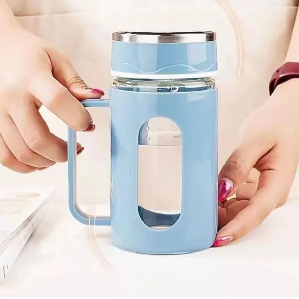 AM5361 Double Wall Glass Mug with Lid-500ml with Plastic Protection and Transparent Window, Handle, and Strainer for Home and Office (Multicolor) - Image 4
