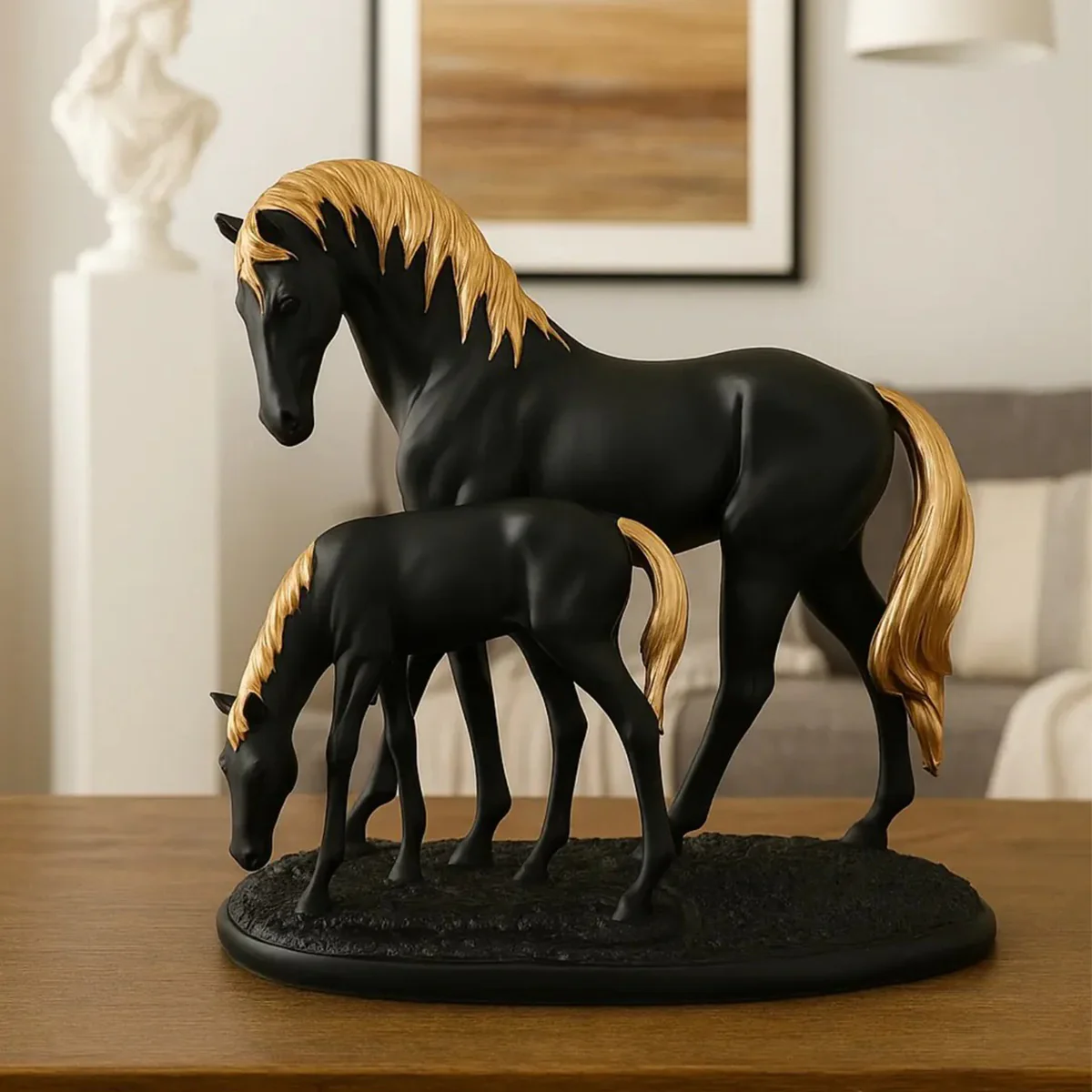 AM5369 Premium Imported White Horse and Baby with Golden Hair Showpiece