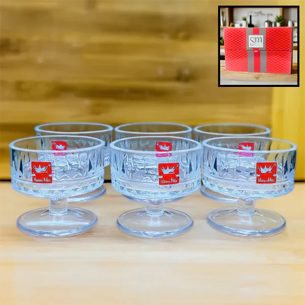 AM5378 Shine Max Glass Diamond & Step Design Round Ice Cream Cup - 180Ml (Set of 6 Pcs)