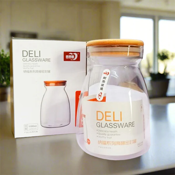 AM5382 DELI SOGA AIRTIGHT GLASS STORAGE JAR WITH BAMBOO LID, 1100 ML, 1 PIECE (GPG31-3)