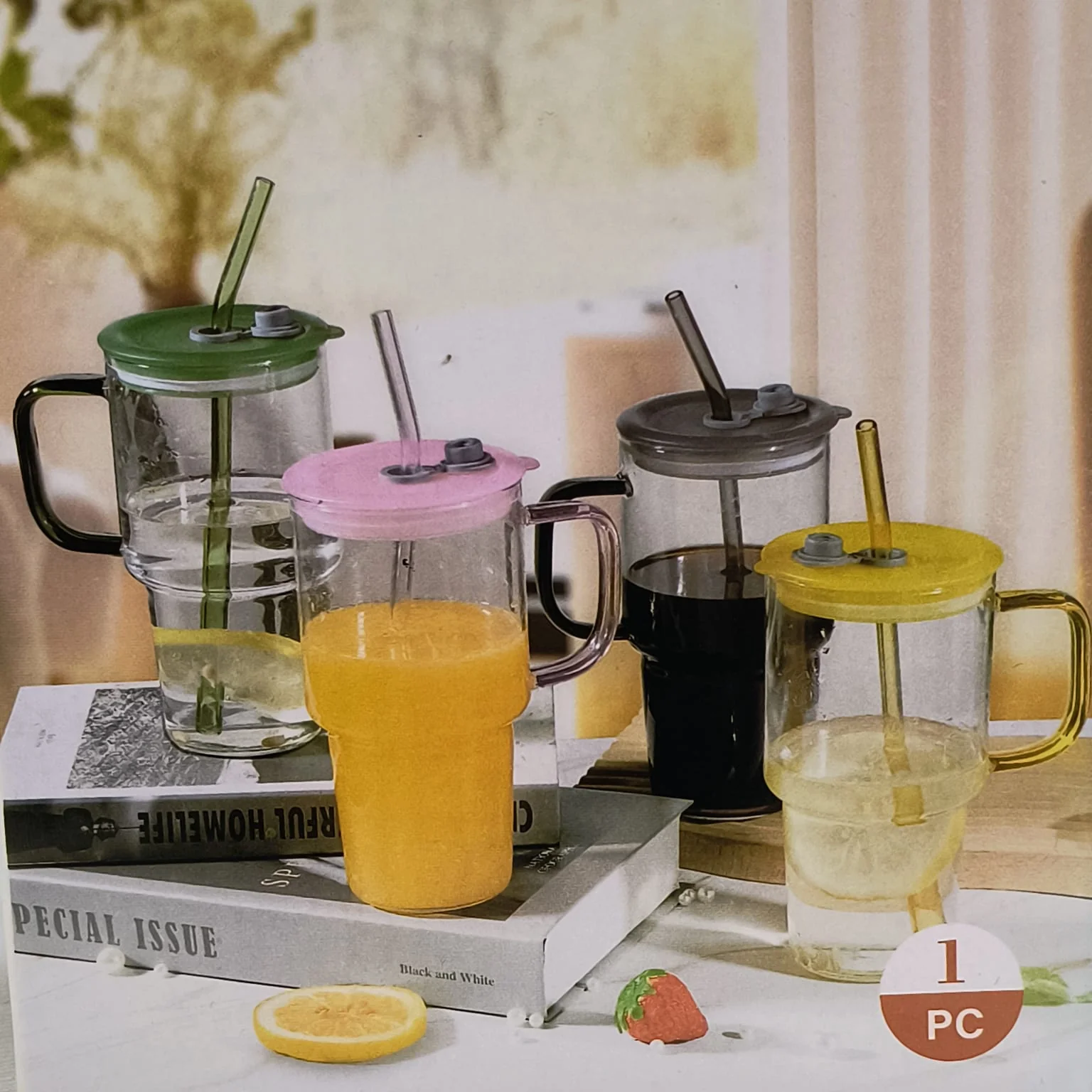 AM5383 Glass Mug Sipper Tumbler with Lid and Silicon Straw 900ml - 1 Pc - Image 3