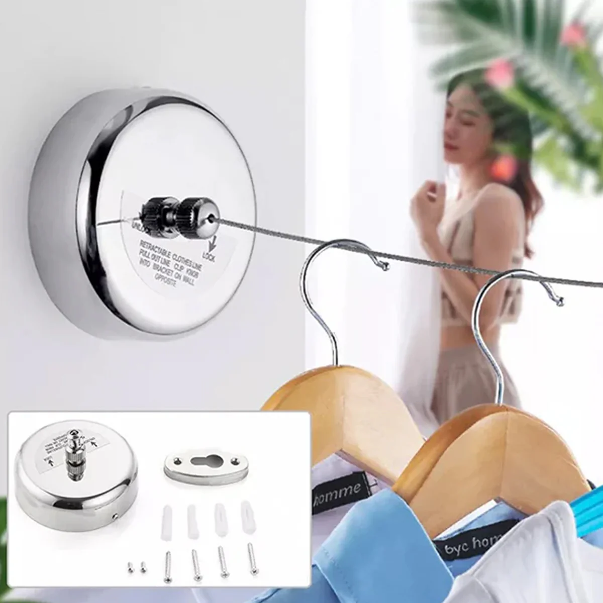 AM5407 Retractable Clothesline Stainless Steel Clothes Line Dryer with Adjustable Rope(9 feet)-String for Hanging Drying Bathroom, Laundry, Hotel, Indoor & Outdoor