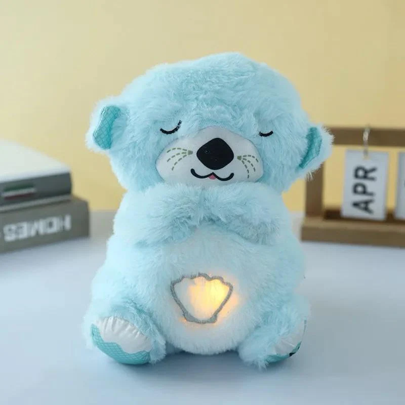 AM5412 Baby Soothing Music Tummy up Down with Light Breathing Teddy Bear Soft Toy Simulation Plush for Babies Kids Random Color