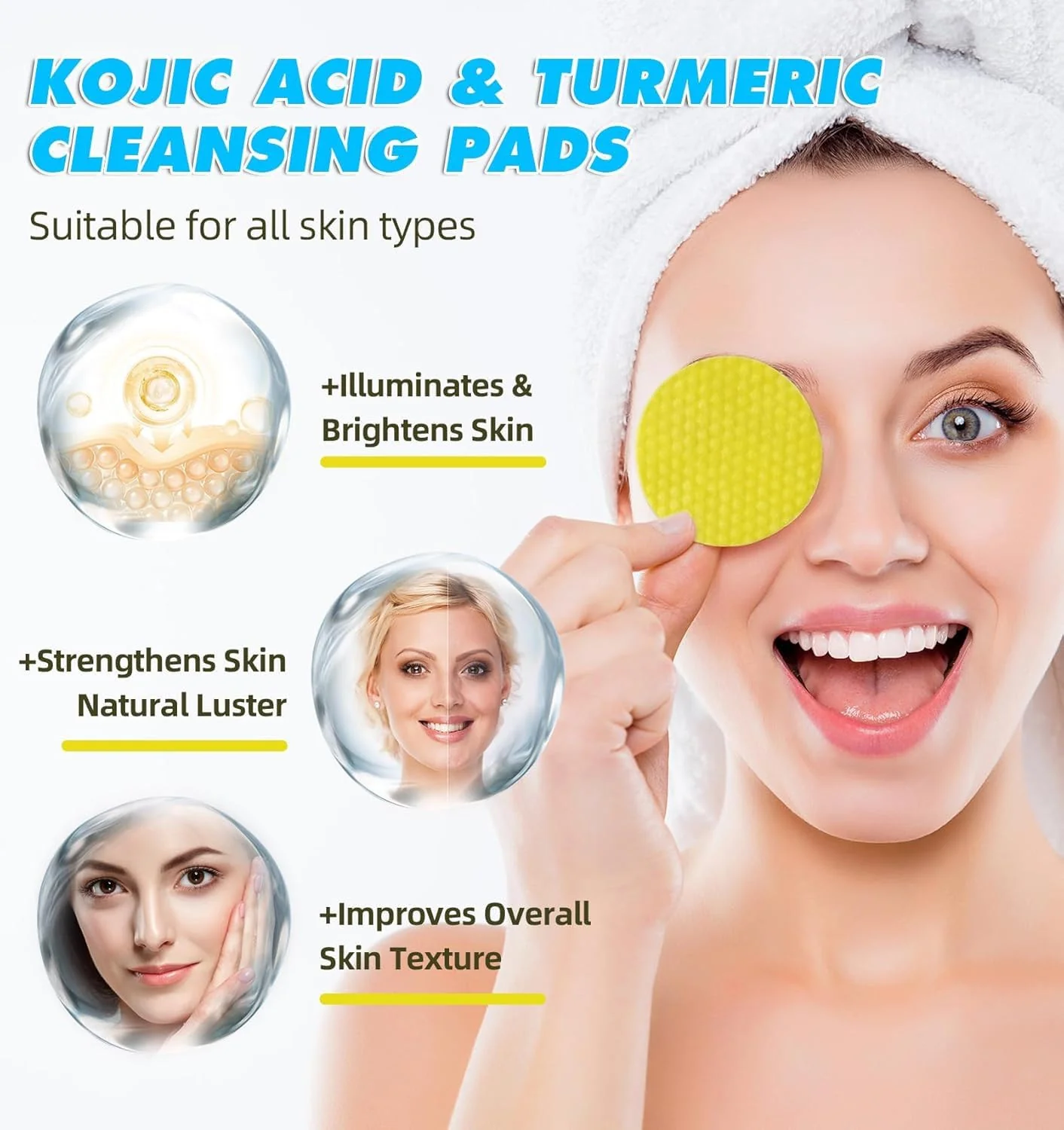 AM5417 Turmeric Kojic Acid Cleansing Pads, 60 Count Turmeric and Kojic Acid Pads, Mild and Non-irritating, Suit for All Skin Types 60 Pcs Kojic Acid Turmeric Cleansing Pads - Image 4