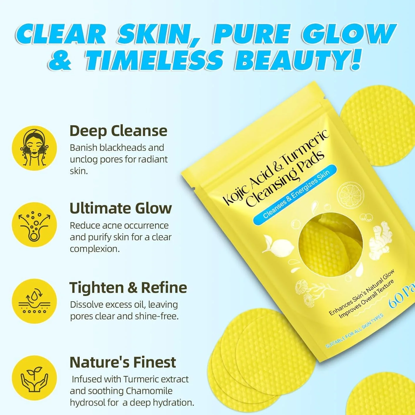 AM5417 Turmeric Kojic Acid Cleansing Pads, 60 Count Turmeric and Kojic Acid Pads, Mild and Non-irritating, Suit for All Skin Types 60 Pcs Kojic Acid Turmeric Cleansing Pads - Image 7