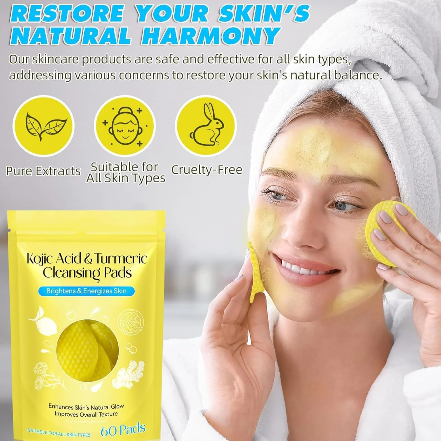 AM5417 Turmeric Kojic Acid Cleansing Pads, 60 Count Turmeric and Kojic Acid Pads, Mild and Non-irritating, Suit for All Skin Types 60 Pcs Kojic Acid Turmeric Cleansing Pads - Image 8