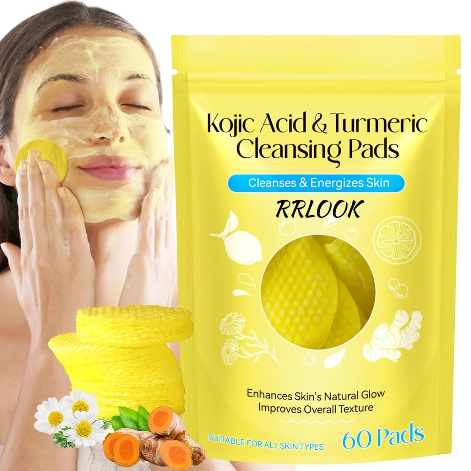 AM5417 Turmeric Kojic Acid Cleansing Pads, 60 Count Turmeric and Kojic Acid Pads, Mild and Non-irritating, Suit for All Skin Types 60 Pcs Kojic Acid Turmeric Cleansing Pads - Image 9