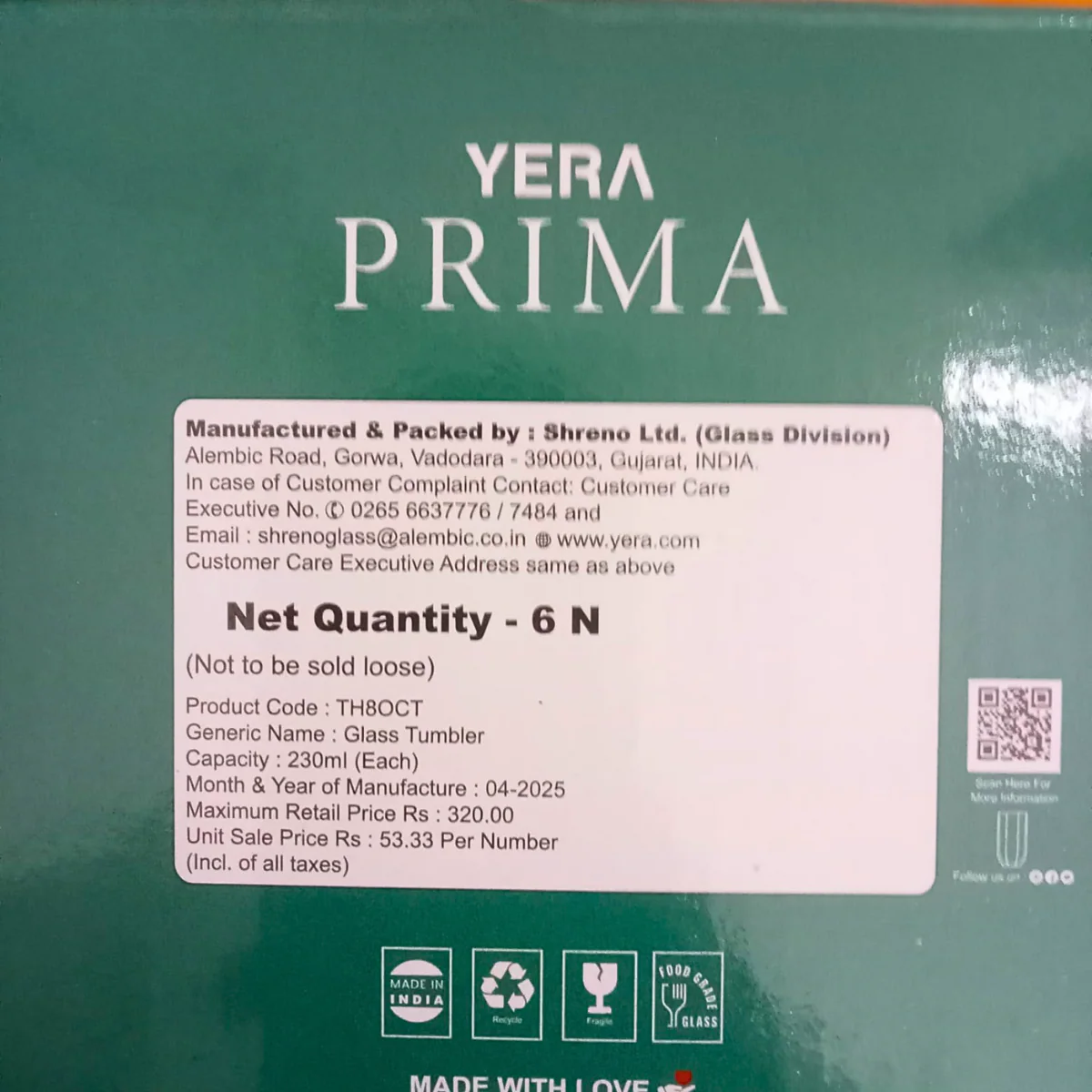 AM5441 YERA Prima Lisbon ZEST Juice Glass Tumbler-Set of 6 Pcs - Each 230Ml - Image 4
