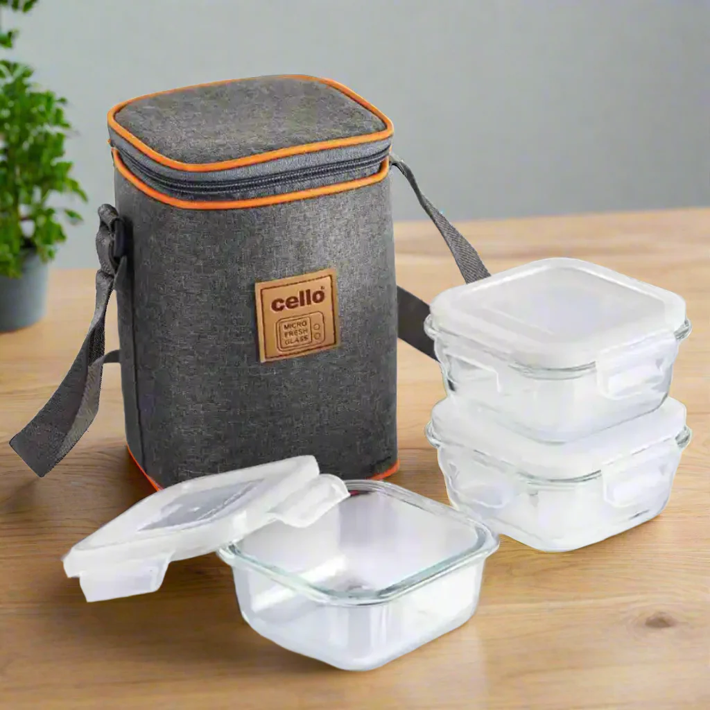 AM5448 Cello Royale Square Glass Lunch Box 320ml x 2 N with Jacket (Vr) (Pack of 2Pc) - Image 2