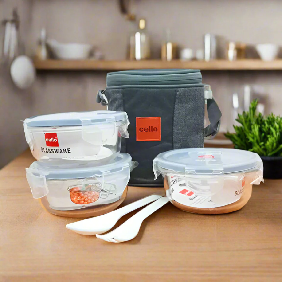 AM5453 Cello Majesty Round Glass Lunch Box 400ml x 3 N with Vertical Jacket & 2 Spoons (Pack of 3Pc)