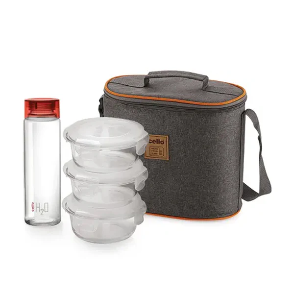 AM5450 Cello Royale Round Glass Lunch Box 400ml x 3 N with Jacket & Glass Water Bottle 500ml with 2 Spoons (Pack of 4Pc) - Image 2