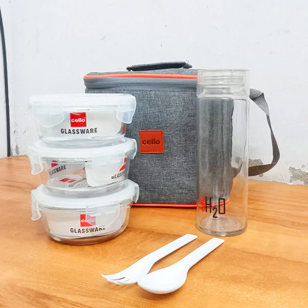 AM5450 Cello Royale Round Glass Lunch Box 400ml x 3 N with Jacket & Glass Water Bottle 500ml with 2 Spoons (Pack of 4Pc) - Image 5