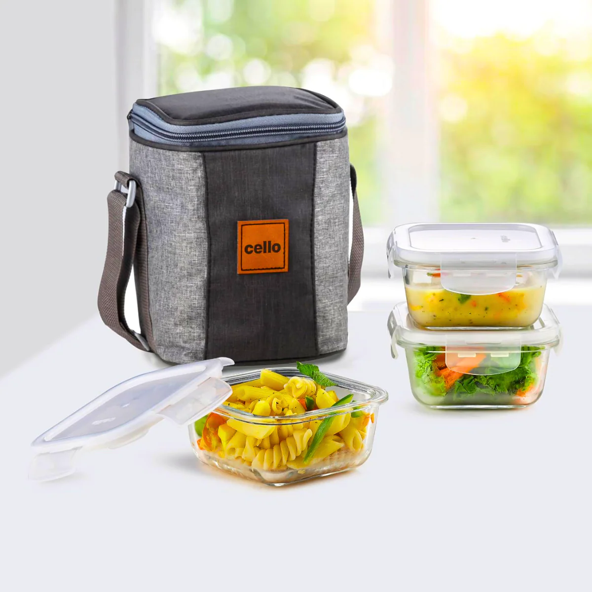 AM5452 CELLO Glassy Square Lunch Box Set of 3 Container with Jacket- each 320m-Microwavable Borosilicate Glass | Leak Proof Design - Image 2
