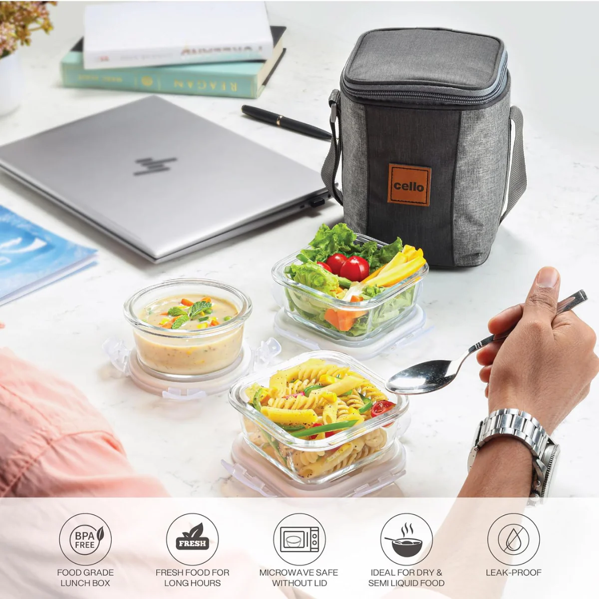 AM5452 CELLO Glassy Square Lunch Box Set of 3 Container with Jacket- each 320m-Microwavable Borosilicate Glass | Leak Proof Design - Image 3