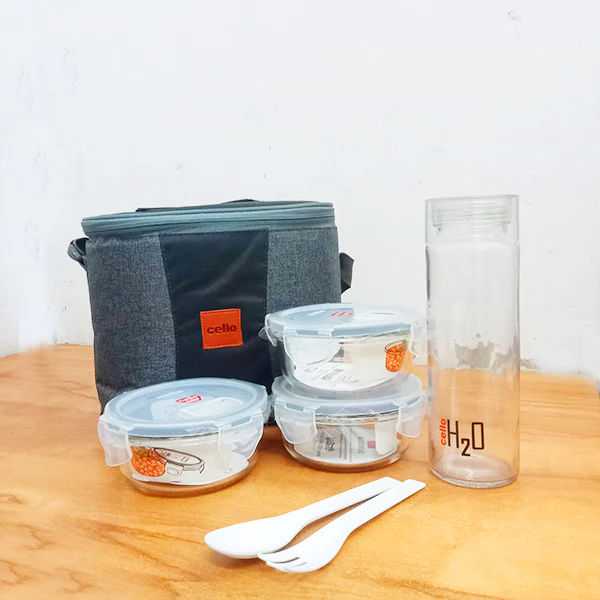AM5454 Cello Majesty Round Glass Lunch Box 400ml x 3 N with Jacket & Glass Water Bottle 500ml With 2 Spoons (Pack of 4Pc)