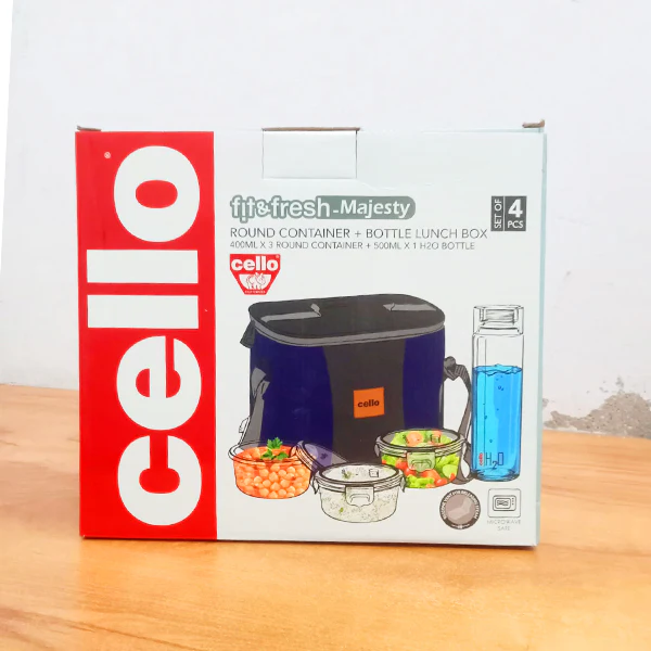 AM5454 Cello Majesty Round Glass Lunch Box 400ml x 3 N with Jacket & Glass Water Bottle 500ml With 2 Spoons (Pack of 4Pc) - Image 3