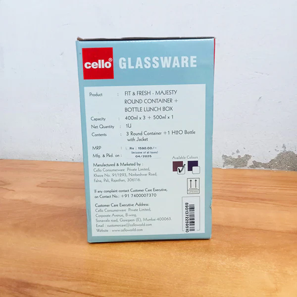 AM5454 Cello Majesty Round Glass Lunch Box 400ml x 3 N with Jacket & Glass Water Bottle 500ml With 2 Spoons (Pack of 4Pc) - Image 4