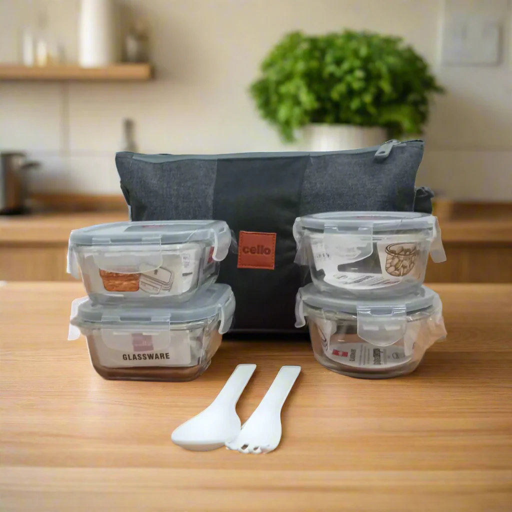 AM5455 CELLO Majesty Glassy Square and Round Lunch Box Set of 4 with Jacket -Microwavable Borosilicate Glass - Leak Proof Design - Image 7