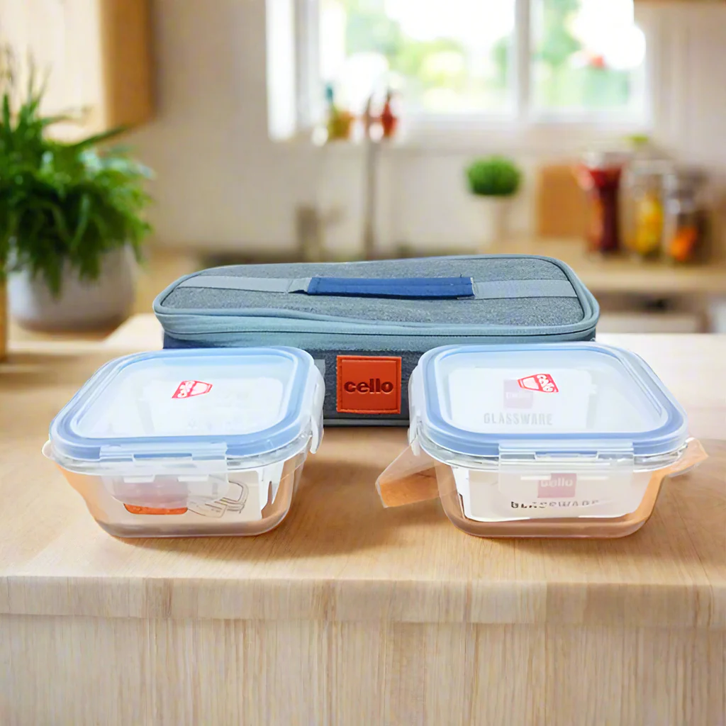 AM5456 Cello Majesty Square Glass Lunch Box 320ml x 2 N with Horizontal Jacket (Pack of 2Pc)