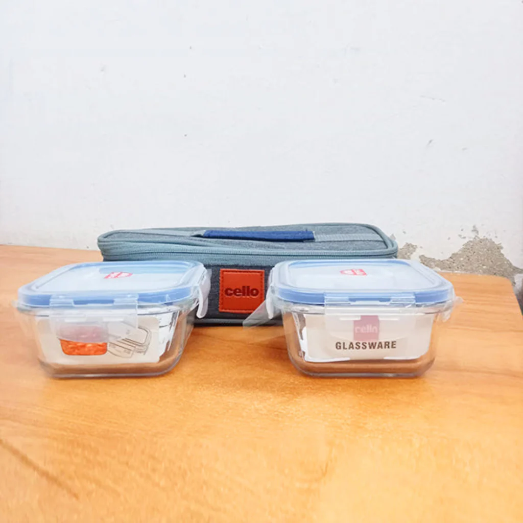 AM5456 Cello Majesty Square Glass Lunch Box 320ml x 2 N with Horizontal Jacket (Pack of 2Pc) - Image 3