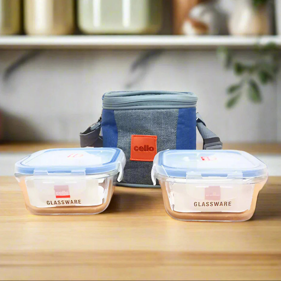 AM5457 Cello Majesty Square Glass Lunch Box 320ml x 2 N with Vertical Jacket (Pack of 2Pc)