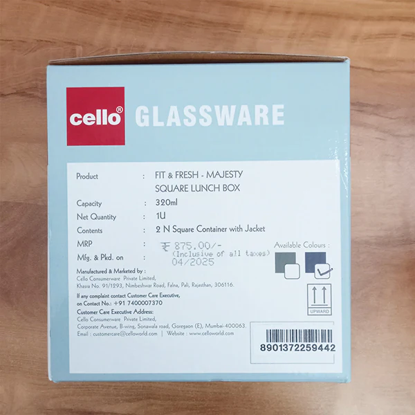 AM5457 Cello Majesty Square Glass Lunch Box 320ml x 2 N with Vertical Jacket (Pack of 2Pc) - Image 3
