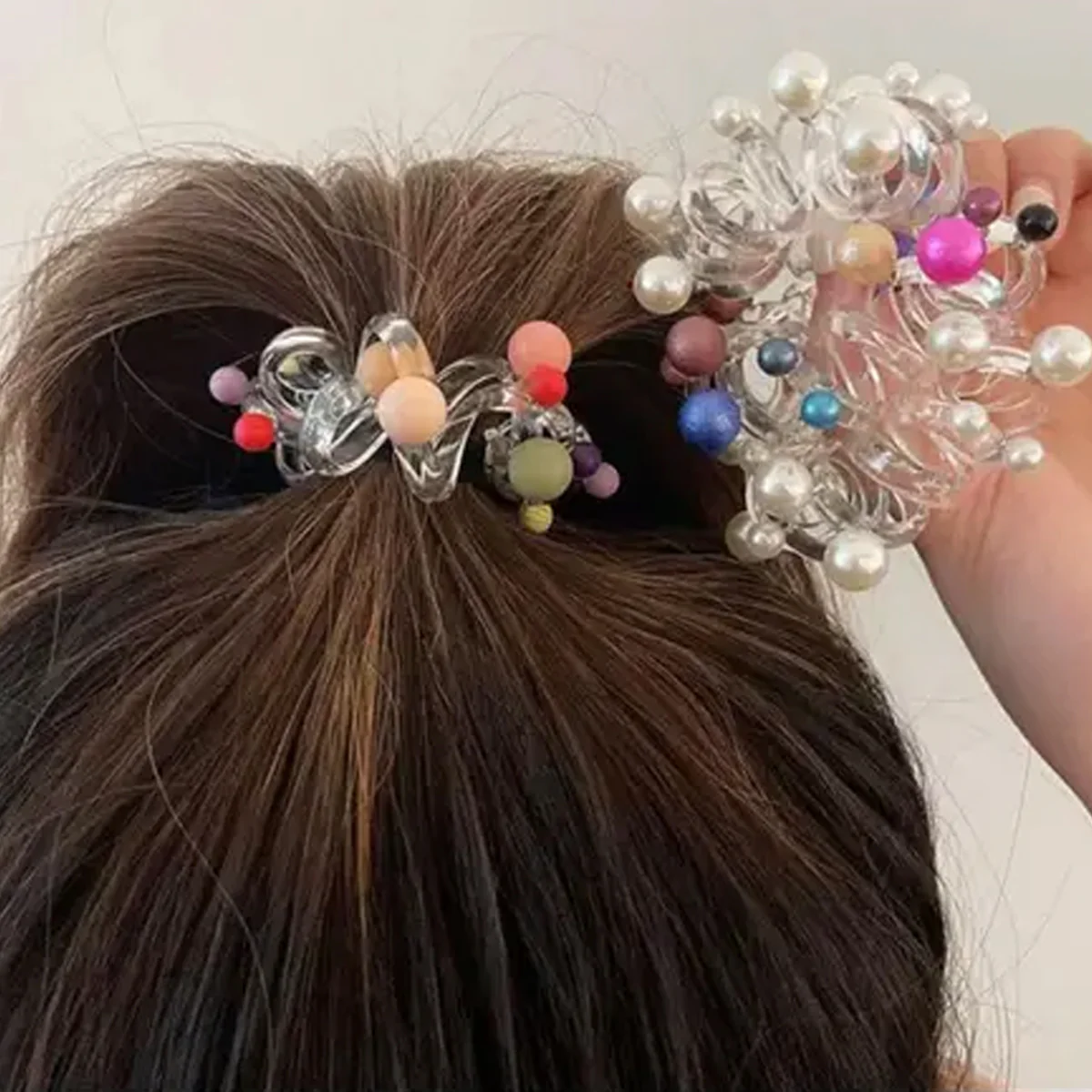 AM5622 Hair Spring Rubber Band with pearl Spiral Stone For Girls and Women Hair Rings Slinky,Spiral Hair Rubber Band [Pack of 1, MultiColour] - Image 2