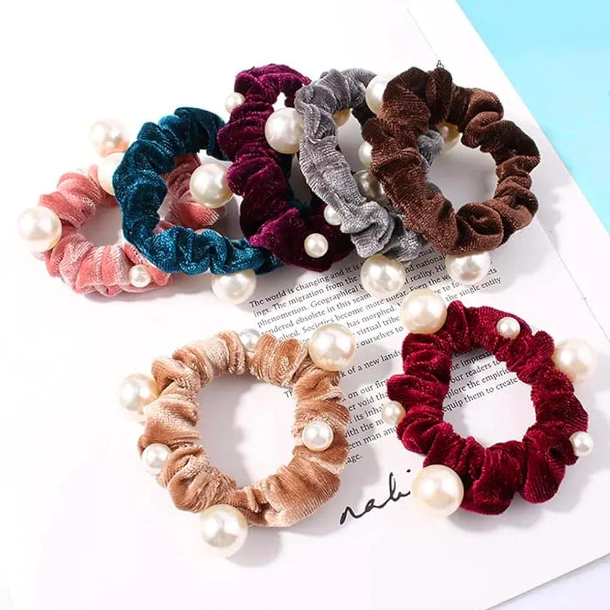 AM5623 Pearl Scrunchies Hair Ring Bands- Ropes Hair Elastic Bracelet Ponytail Holder Hair Accessories - Image 4