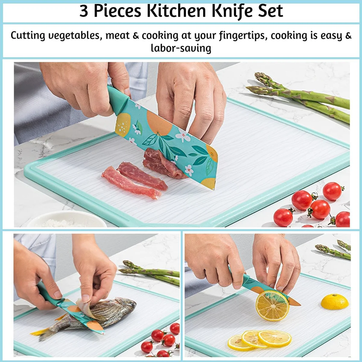 AM5666 3 Pcs Stainless Steel Knife Set Color Printed Stainless Steel Paring, Chef's & Cleaver Kitchen Knife Set, Pack of 3 - Image 2