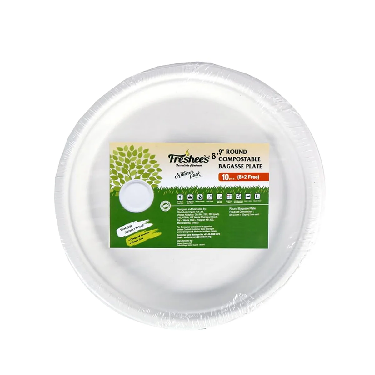 AM5734 Freshee Compostable Bagasse Round Plates (9inch, Pack of 10pc) Food Plate for Party, Wedding, Snack, Dinner - Image 3