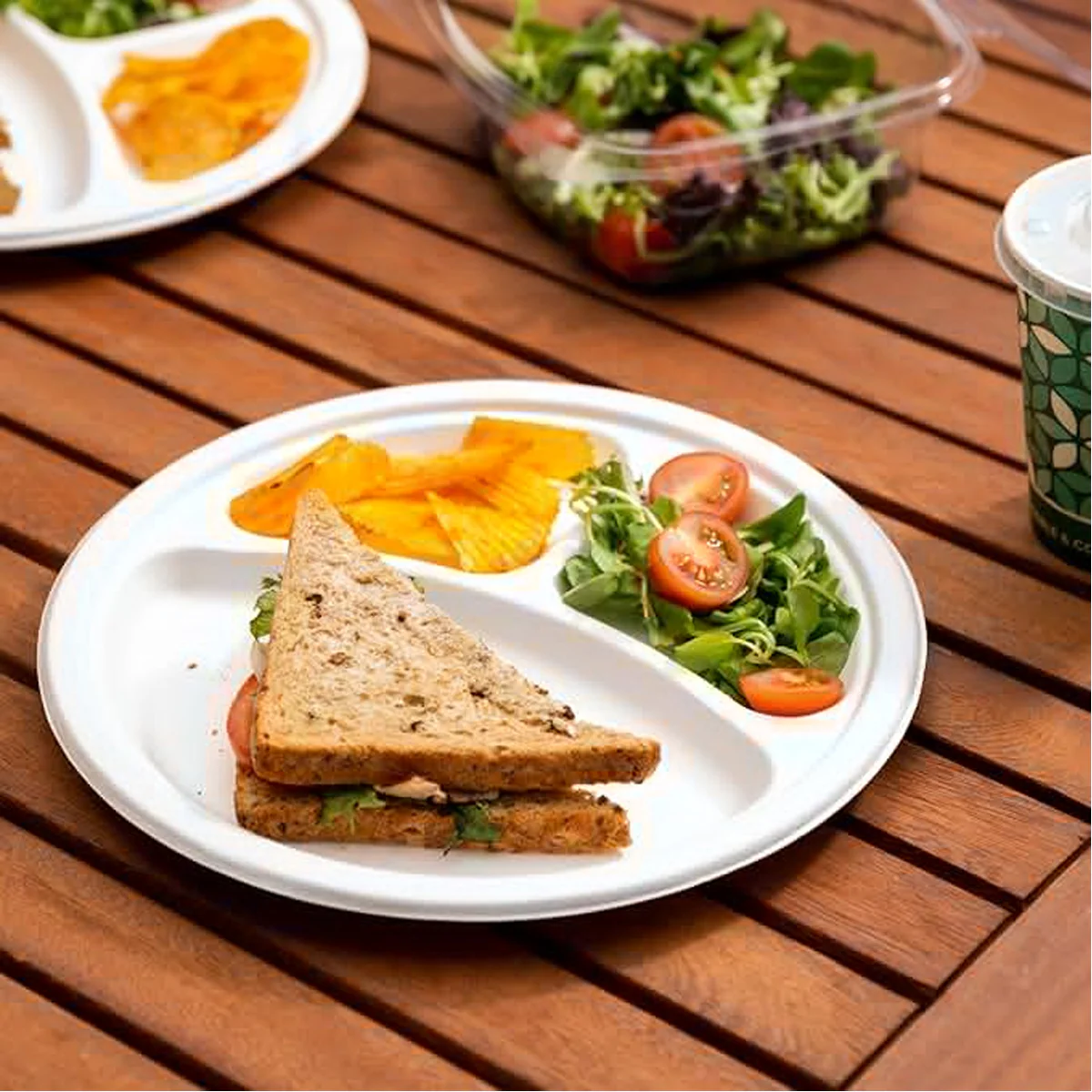 AM5735 Freshee Compostable 3 Compartment 10 inch Round Plates (Pack of 10) - Image 2
