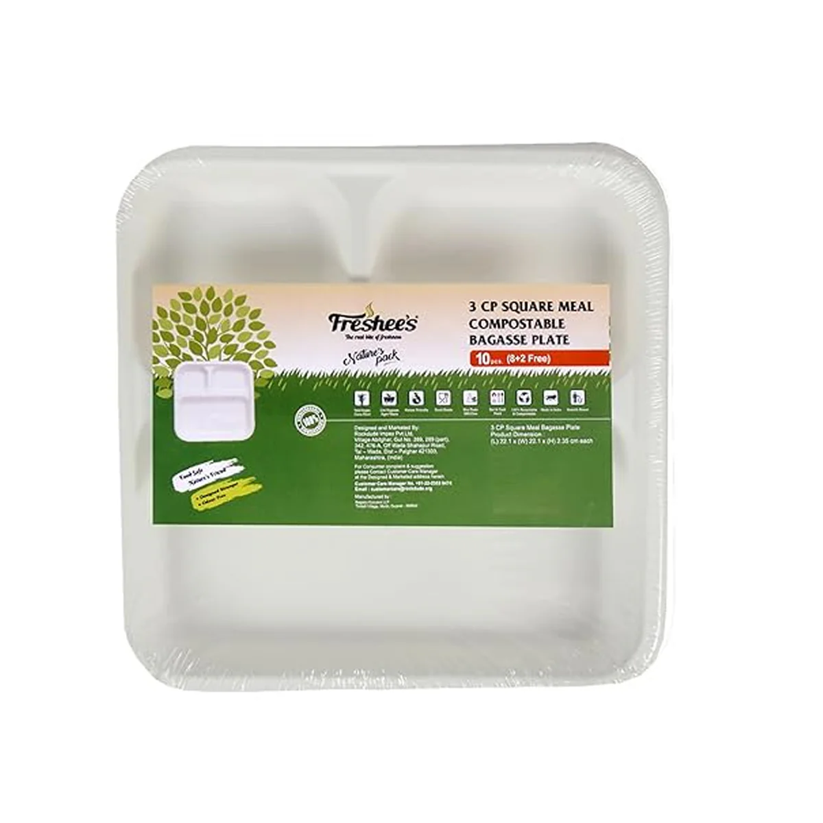 AM5736 Freshee Compostable 3 Compartment Square Meal Bagasse Plate (Set of 10pc)