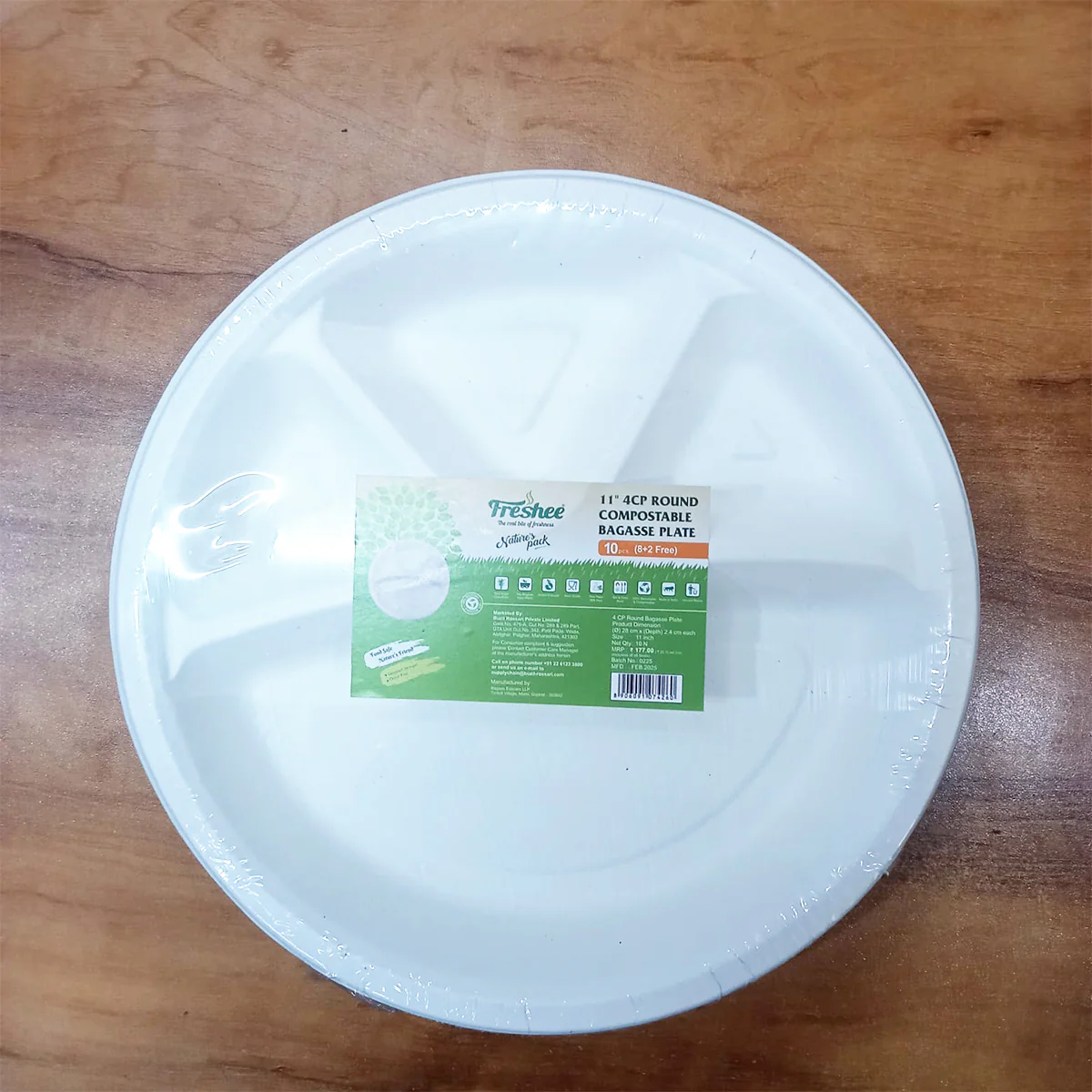 AM5737 Freshee Compostable 4 Compartment Bagasse Round Plate (11 Inch, Pack of 10pc) - Image 6