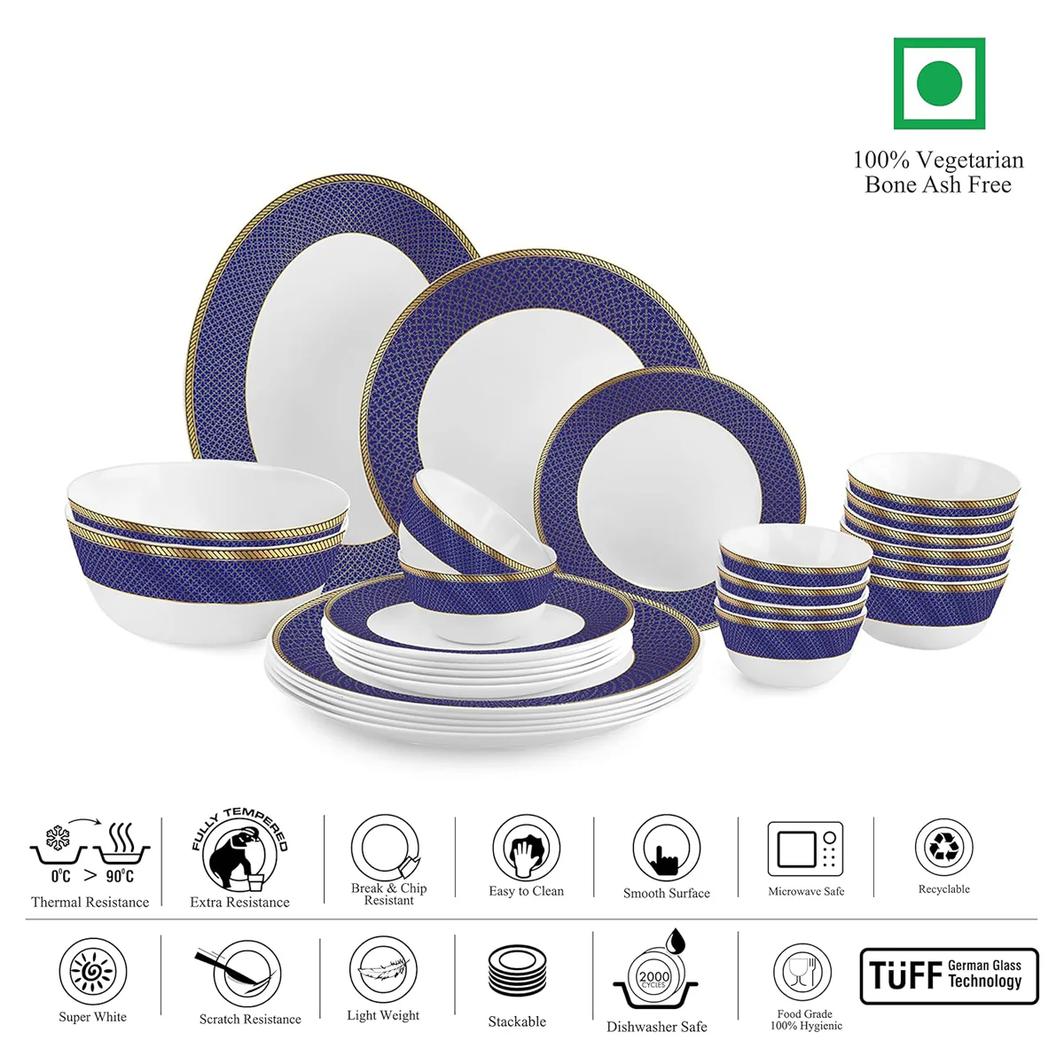 AM5752 Cello Opalware Solitaire Series Sapphire Dinner Set, 27 Units - Opal Glass Dinner Set for 1 | Crockery Set for Festive Ocassions, Parties | White Plate and Bowl Set - Image 3