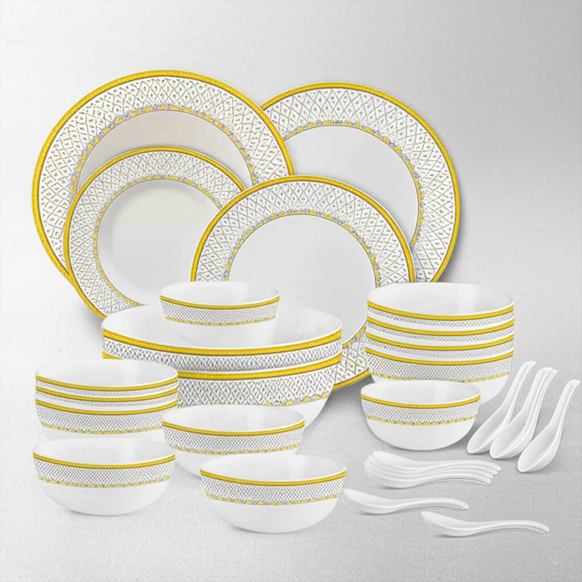 AM5753 Cello Opalware Divine Infinity Dinner Set, 33 Units | Microwave & Dishwasher Safe | Light-Weight & Thermal Resistant | Crockery Set for Dining & Gifting