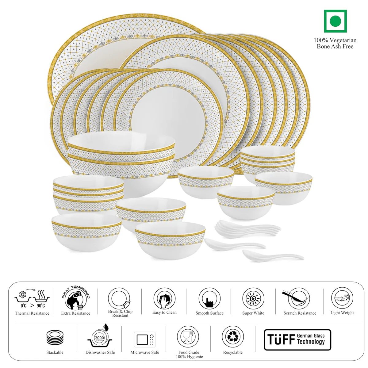 AM5753 Cello Opalware Divine Infinity Dinner Set, 33 Units | Microwave & Dishwasher Safe | Light-Weight & Thermal Resistant | Crockery Set for Dining & Gifting - Image 4