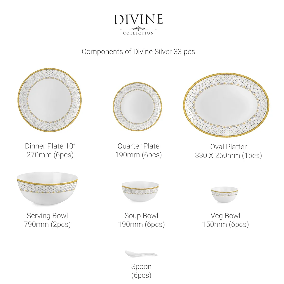 AM5753 Cello Opalware Divine Infinity Dinner Set, 33 Units | Microwave & Dishwasher Safe | Light-Weight & Thermal Resistant | Crockery Set for Dining & Gifting - Image 6