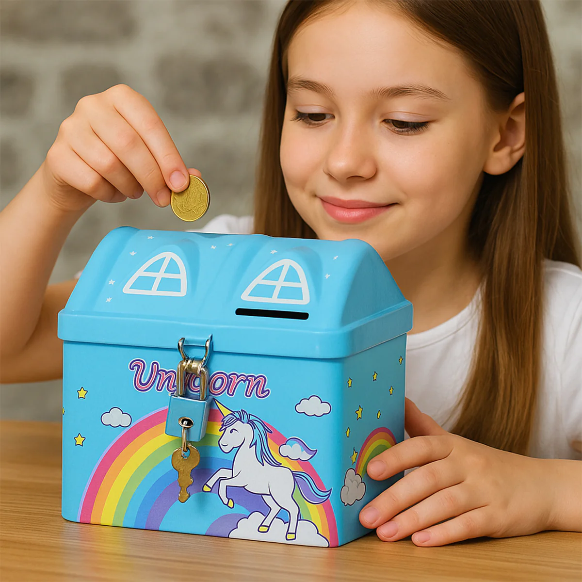 AM5906 Unicorn Hut Shape Piggy Bank for Kids (Multicolor) - Lock and Two Keys - Image 2