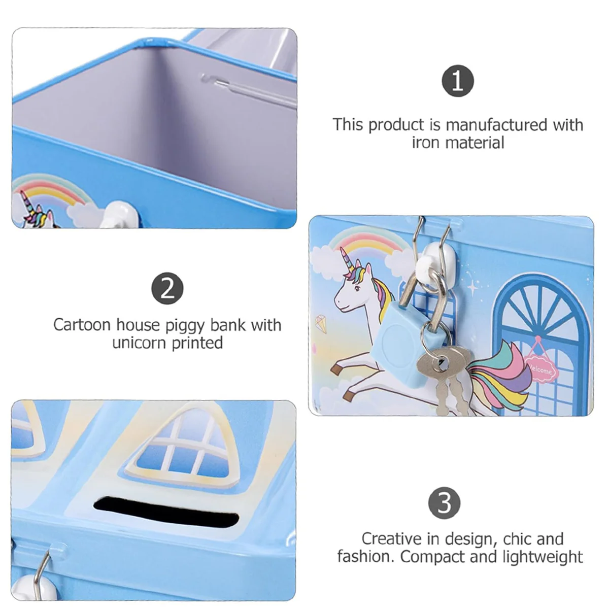 AM5906 Unicorn Hut Shape Piggy Bank for Kids (Multicolor) - Lock and Two Keys - Image 6