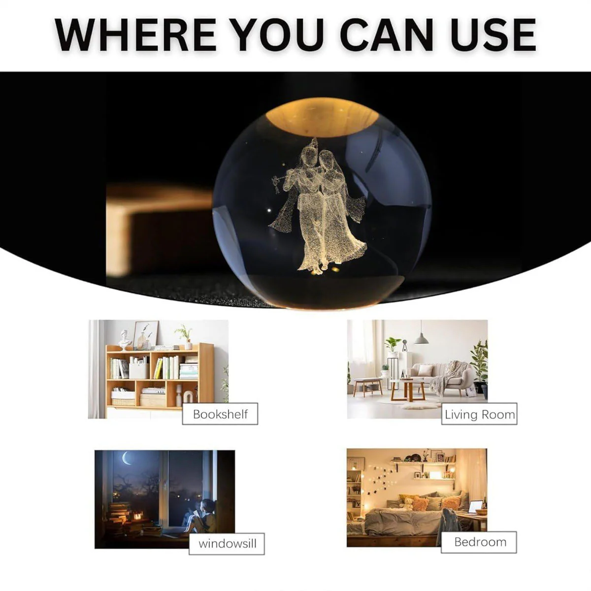 AM5923 3D Radha Krishna Crystal Ball Night Light with Wooden Base, Aesthetic Clear LED Lamp - Image 2